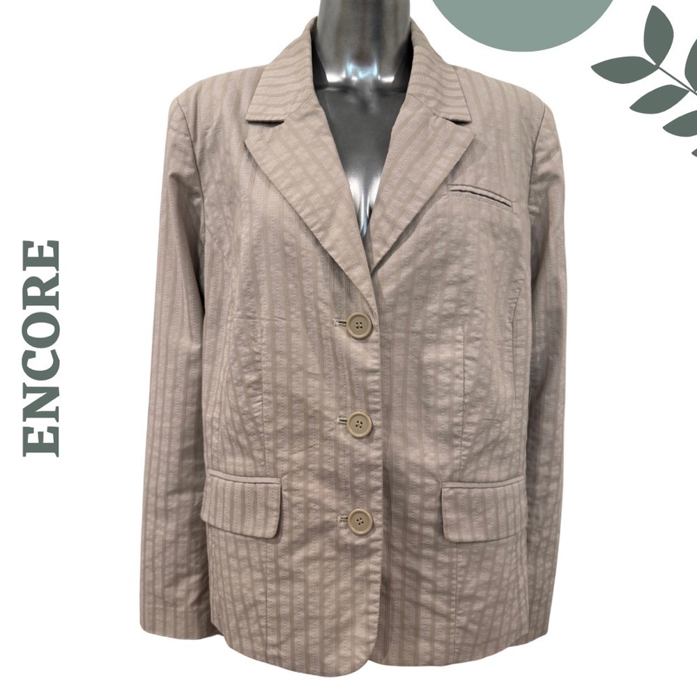 🛍️ Encore Textured Stripe 3-Button Blazer Lined – Taupe/Beige, Size 14